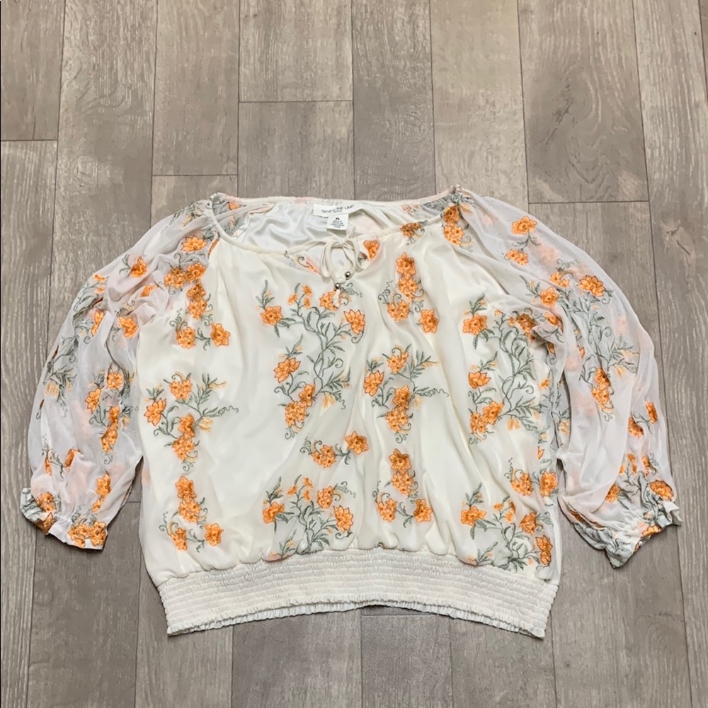 Womens Skye’s The Limit Sheer Embroidered Floral Sleeve Tie Up Lined Top‎ Shirt